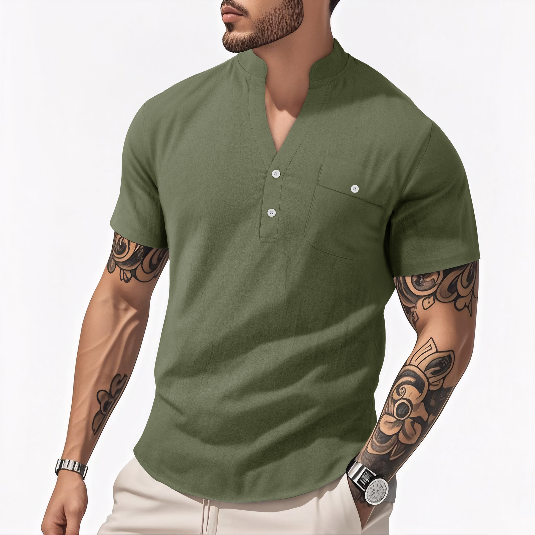 Casual Loose Cotton Linen Short Sleeve Shirt for Men with Stand Collar and Henley Neckline 13B5E0C17F5646475B3BEFA286612DC1