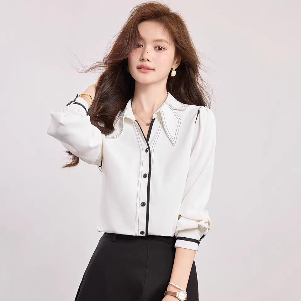 White Pointed Collar Shirt for Women, Elegant Lightweight Luxury Slim-Fit Top with Youthful and