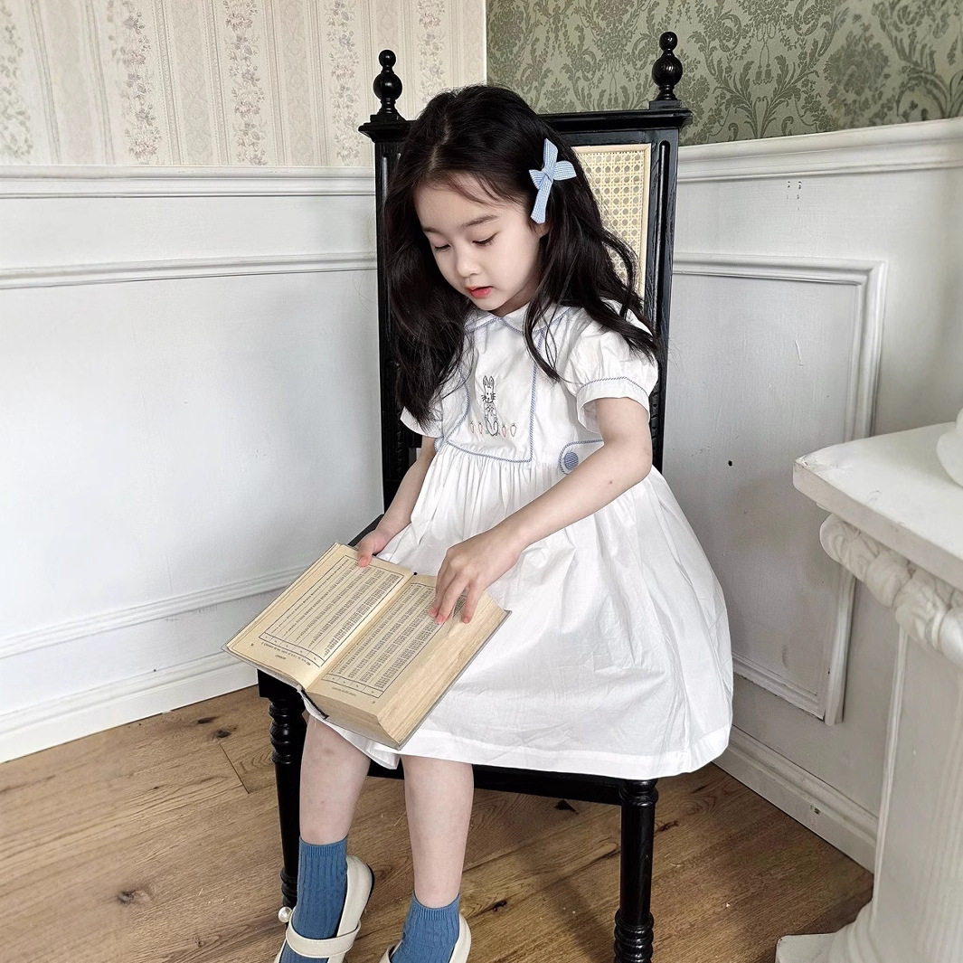 Cute Girls' Dress Summer New Style College Wind Peter Pan Collar Embroidered Short Sleeve Princess