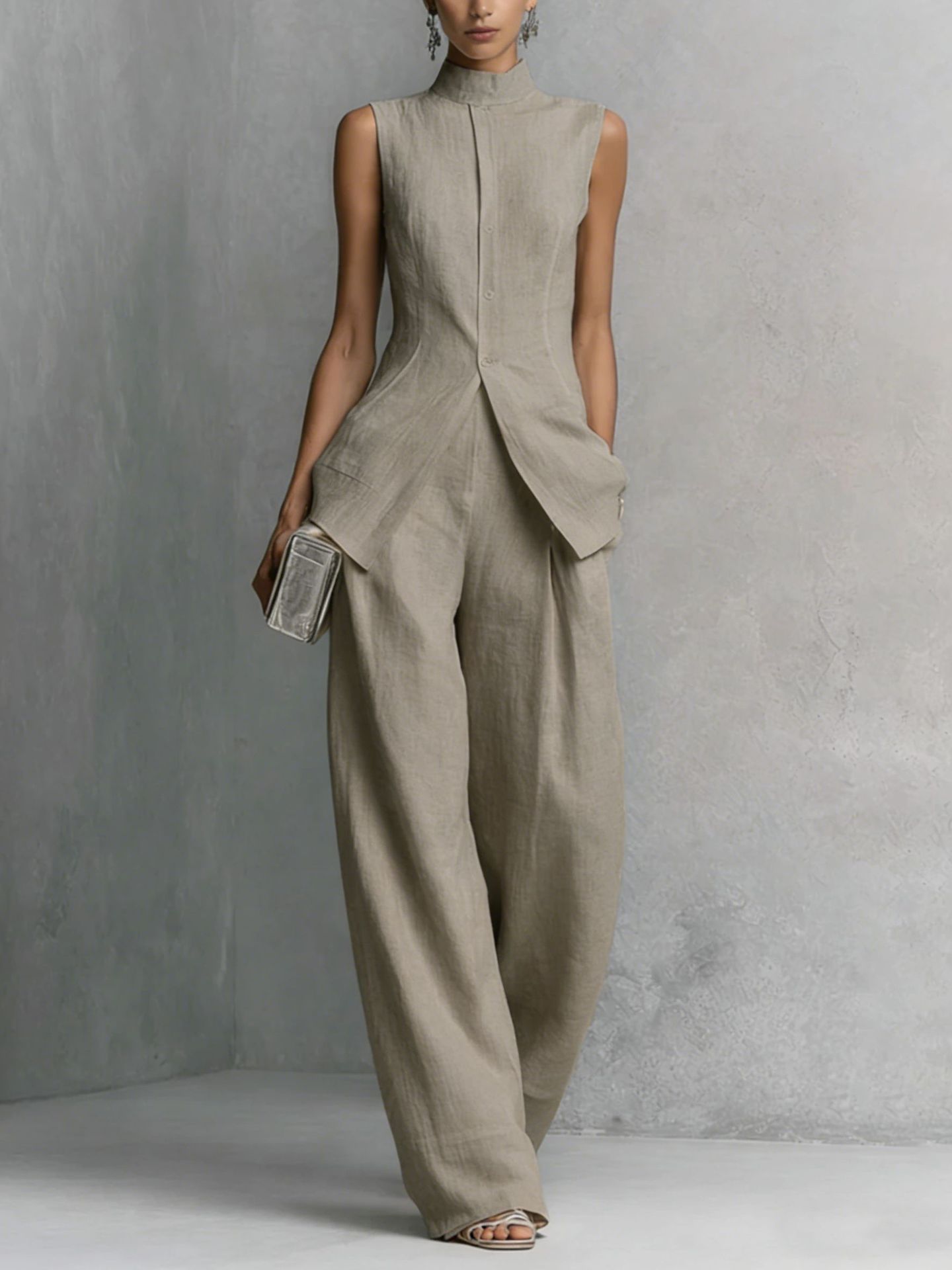Women's solid color sleeveless two-piece set – long pants casual styled full outfit view