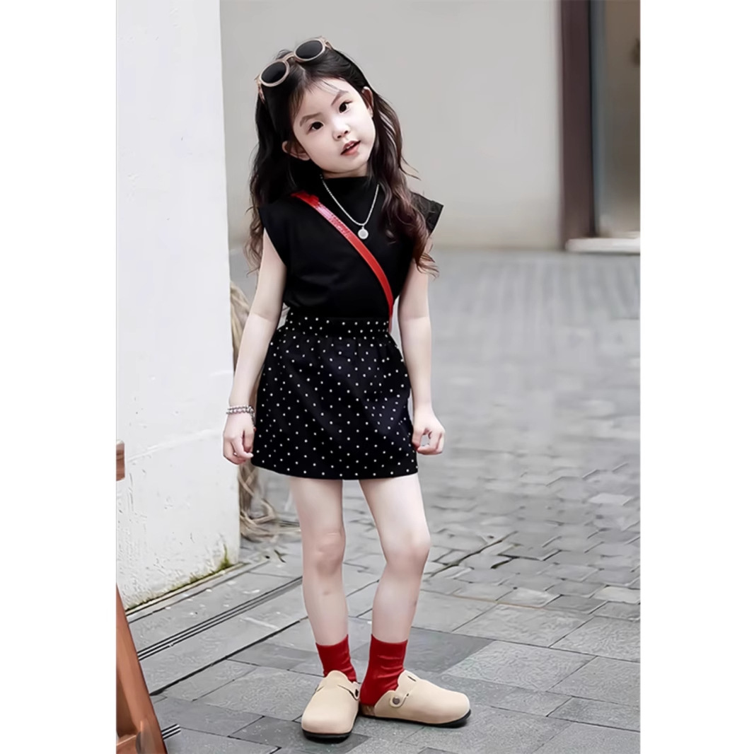 Cute Girls' Summer Set Fashionable Short Sleeve T-Shirt + Polka Dot Skirt Two-Piece Set for Kids