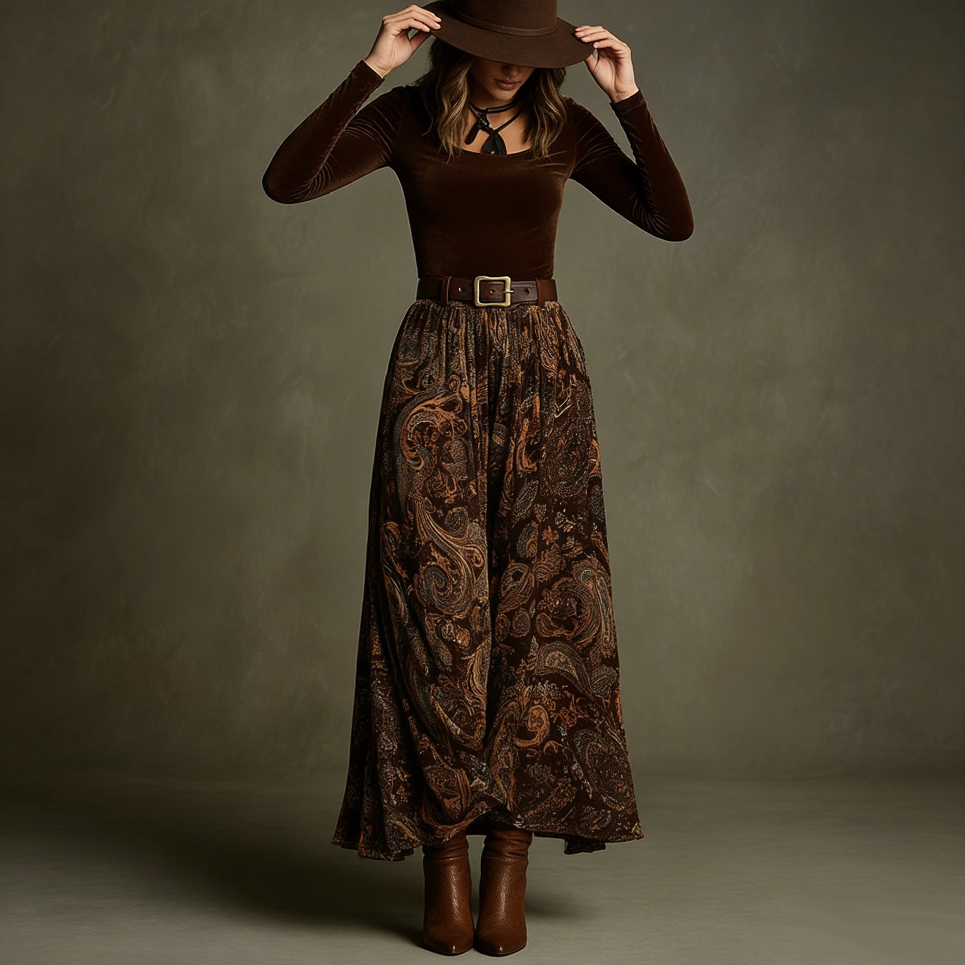 Women's floral print long sleeve skirt set in caramel – belted maxi skirt styled view