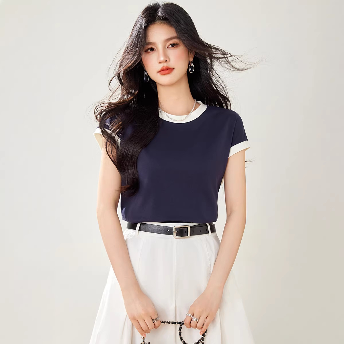 Navy Blue Basic Regular Shoulder Short Sleeve T-Shirt for Women, Loose and SlimmingTrendy Summer
