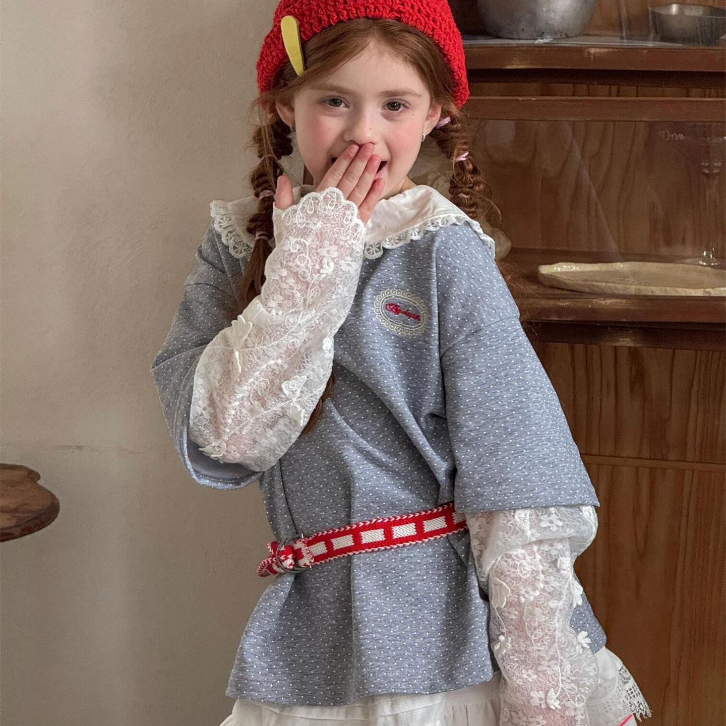 Spring New Style Children's Girl T-Shirt with Ruffled Lace Sleeve, Faux Two-Piece Short Sleeve Top