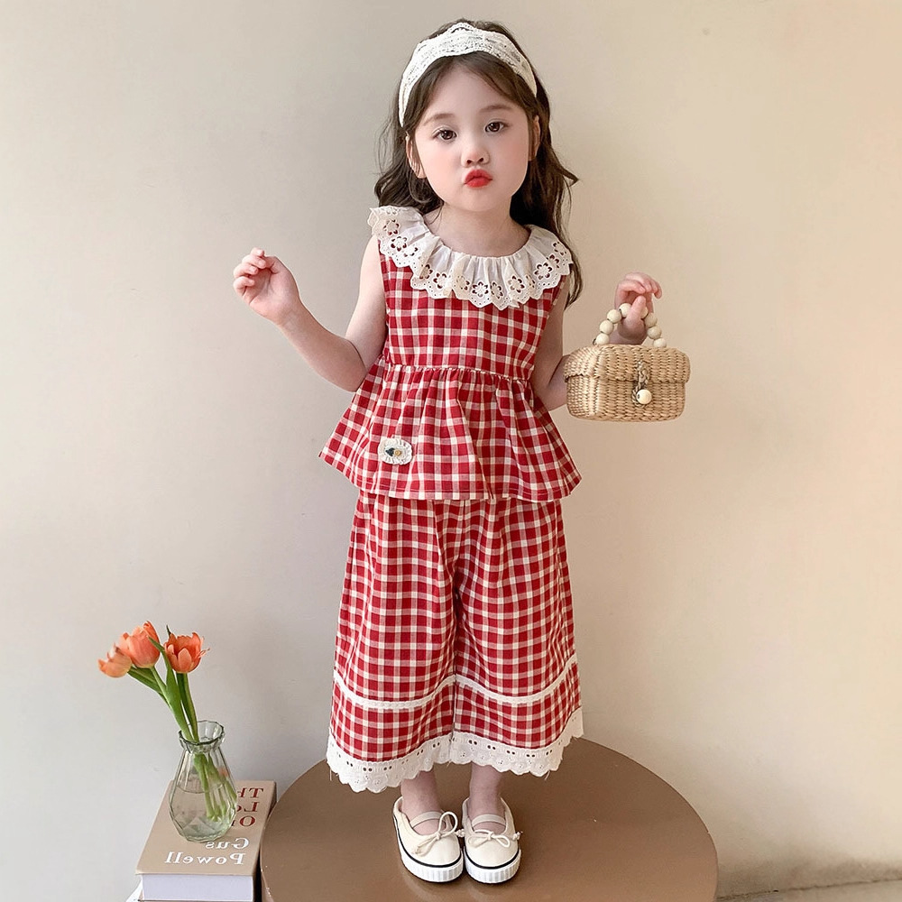 Cute Lace Checkered Vest + Wide Leg Pants Two-Piece Set for Girls, Summer New Style
