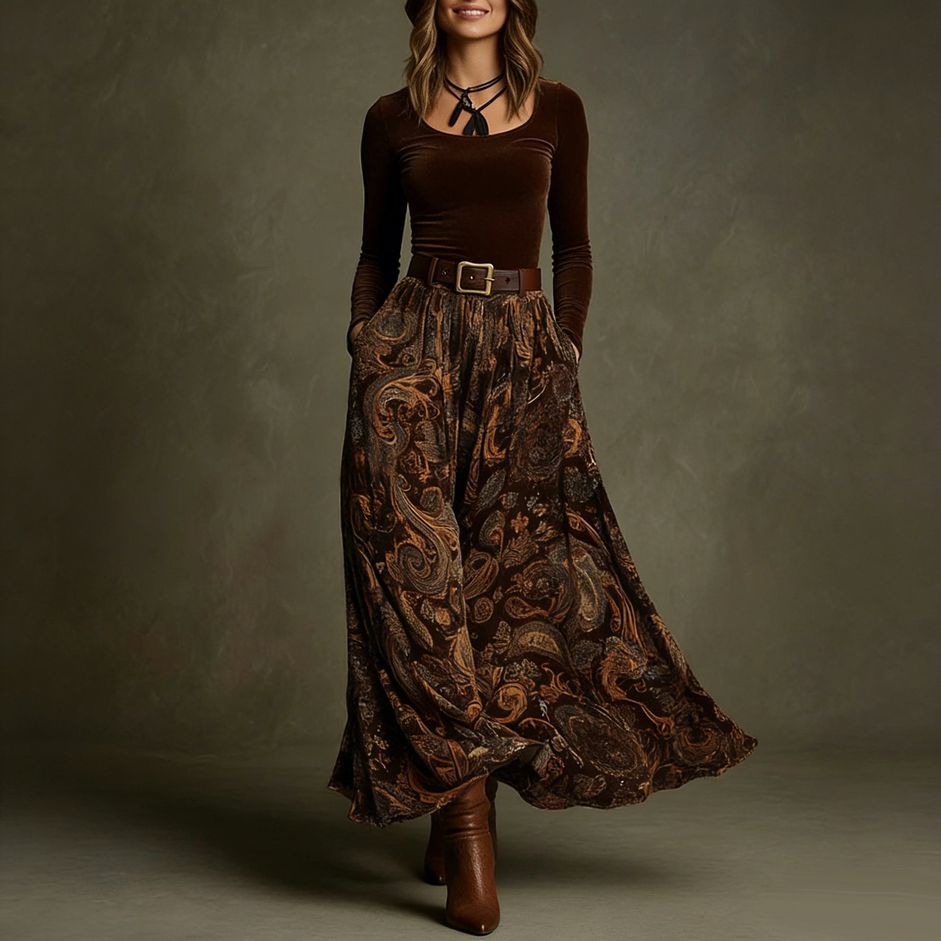 Women's caramel floral skirt set – long sleeve two-piece belted casual chic