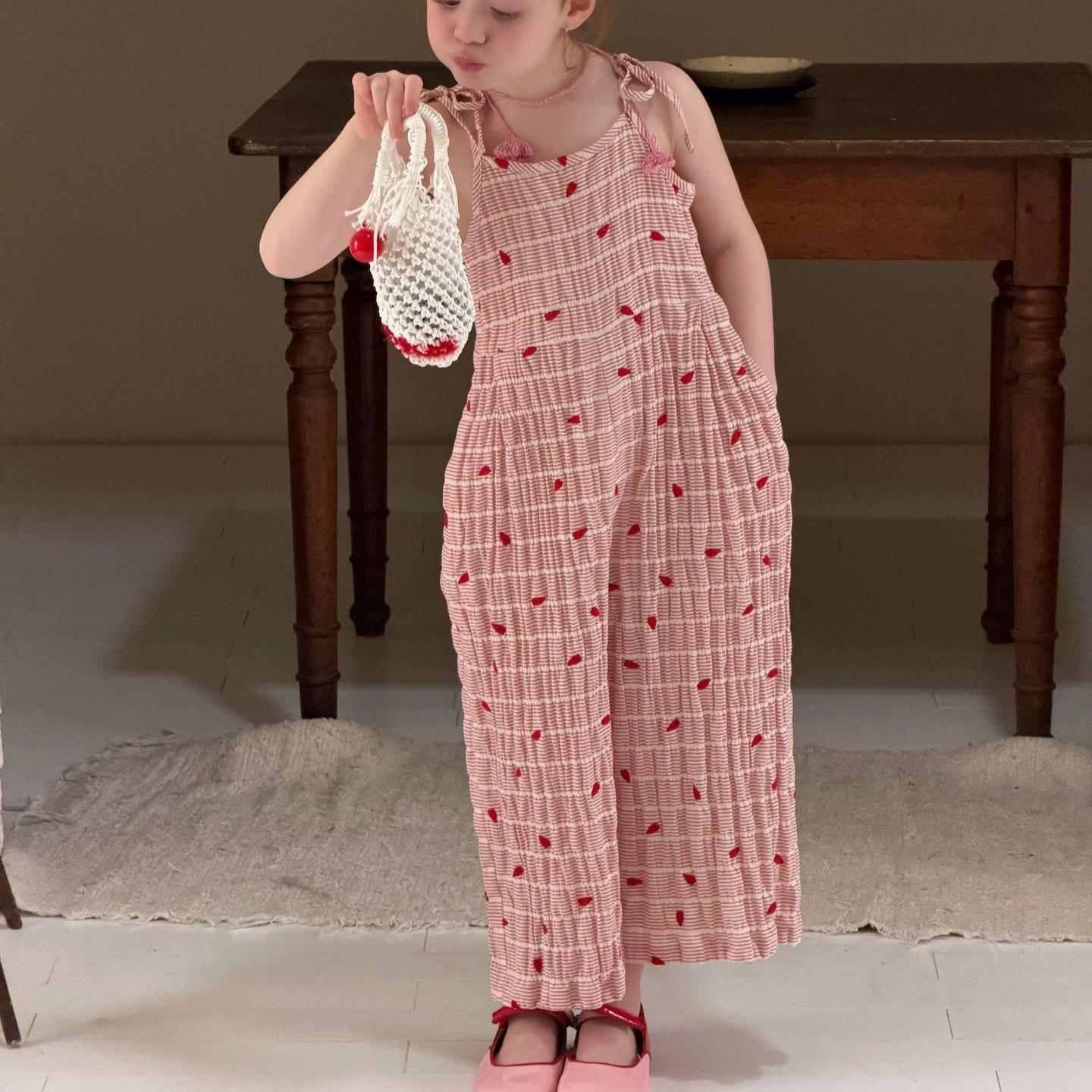 Cute Children's Clothing Summer New Girls' Pants Red Stripe Embroidered Belted Overalls