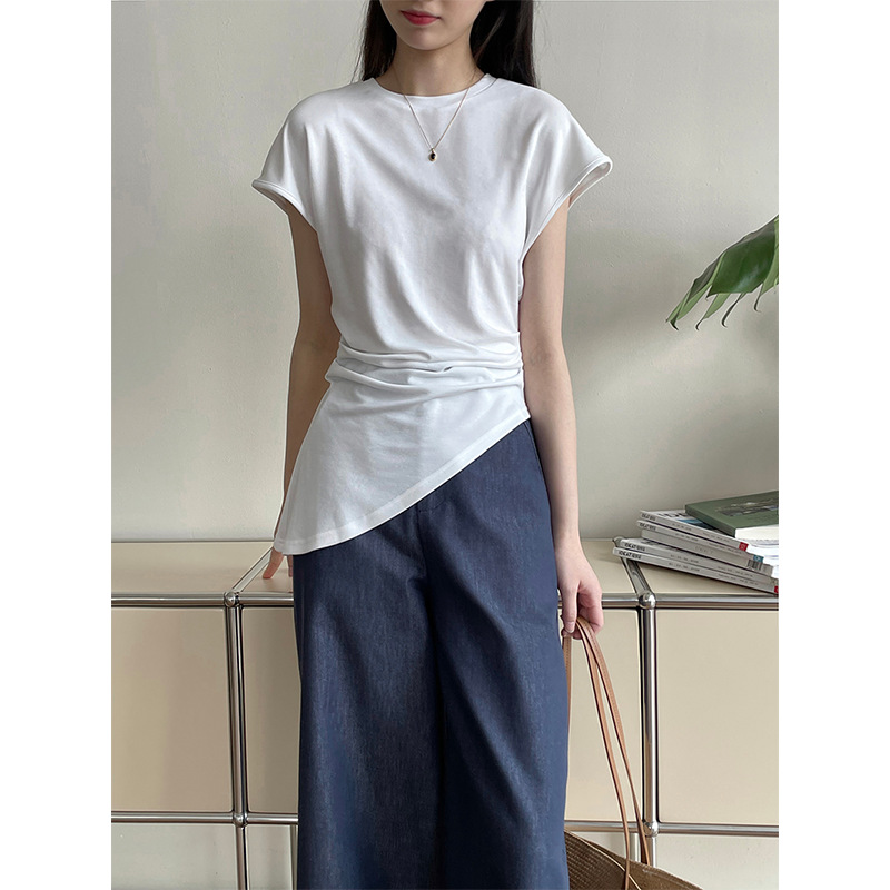 Fitted T-Shirt for Women with Asymmetrical Hem and Flutter Sleeves