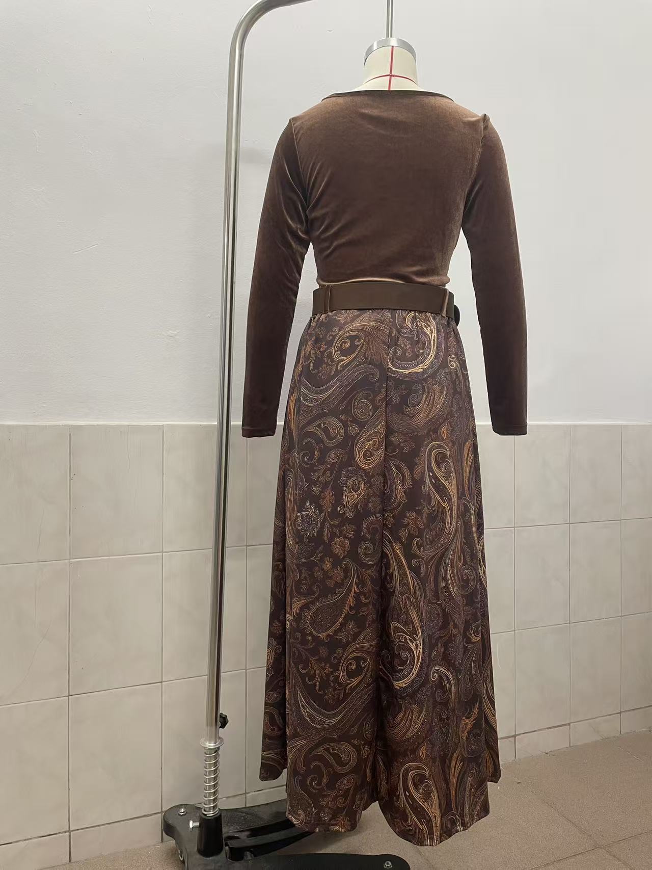 Women's caramel floral print skirt set – long sleeve belted high waist loose fit