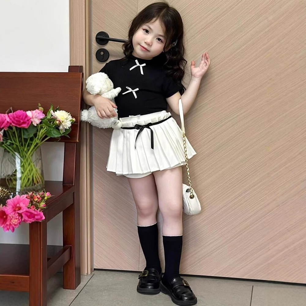 Girls' Summer Casual SetFitted Short Sleeve T-Shirt + Pleated Skirt 2-Piece Outfit for Kids