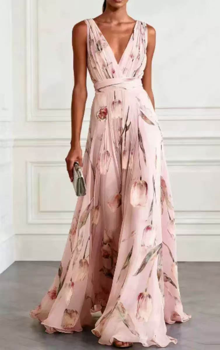 Women's tulip print V-neck maxi dress – all seven color options display