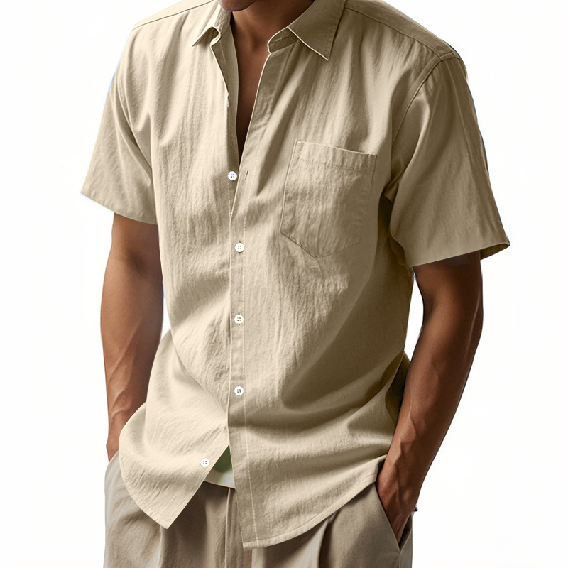 Cotton Linen Short Sleeve Shirt for Men Turn-down Collar Casual PocketDress Shirt, Summer 30E66D57C33AAC41CDDDC17FC32007D9