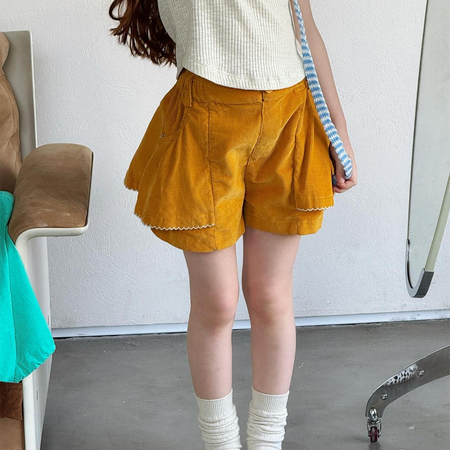 Spring New Style Kids' Yellow Corduroy Shorts for GirlsFashion Casual Pants, Sharp Egg Design