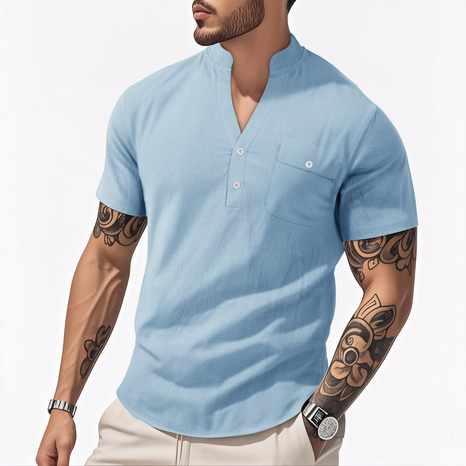 Casual Loose Cotton Linen Short Sleeve Shirt for Men with Stand Collar and Henley Neckline 32FE6229F0B82690E6F2A099BE9A1F7A