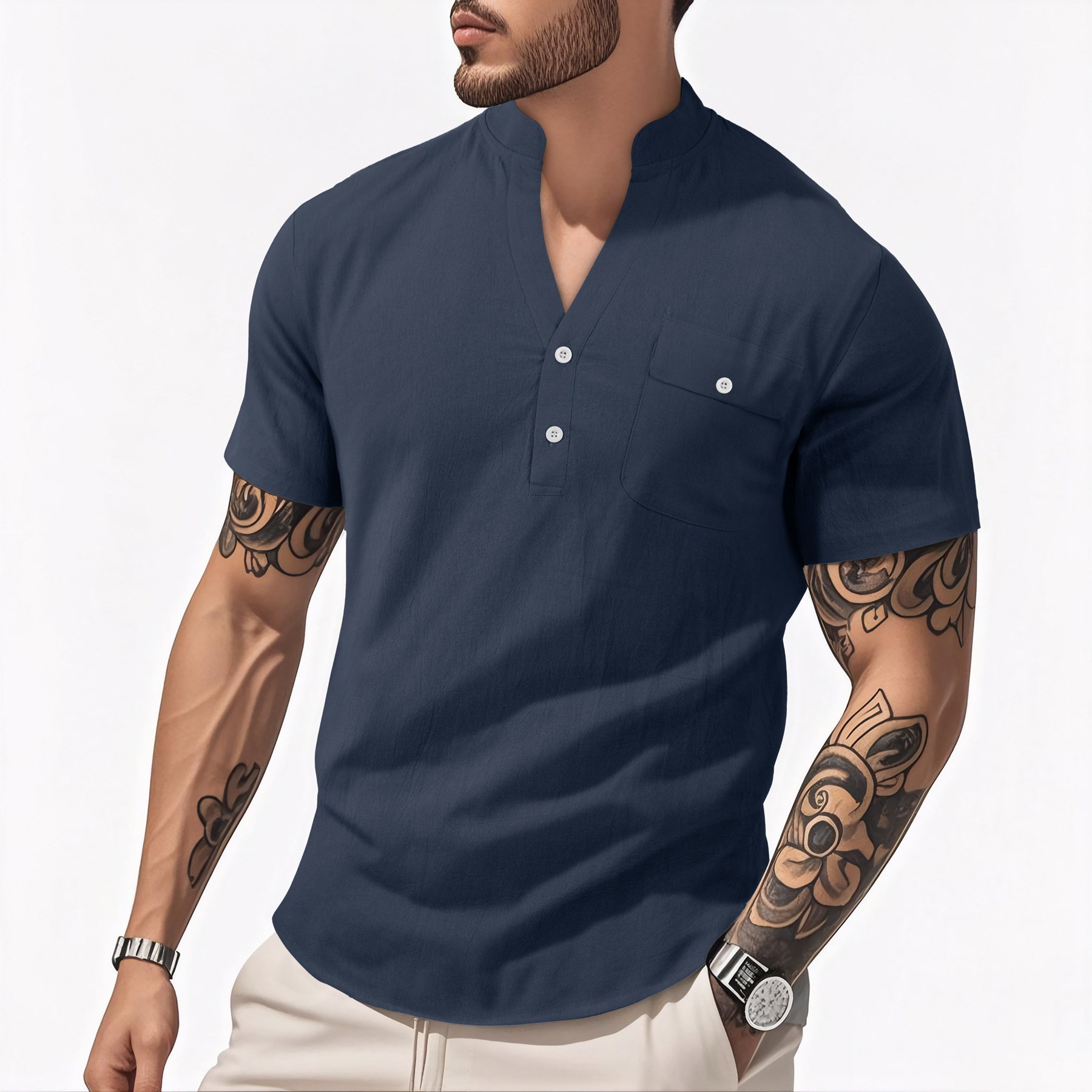 Casual Loose Cotton Linen Short Sleeve Shirt for Men with Stand Collar and Henley Neckline 3393EAE7CFCAA660E96D034FEEF3A251