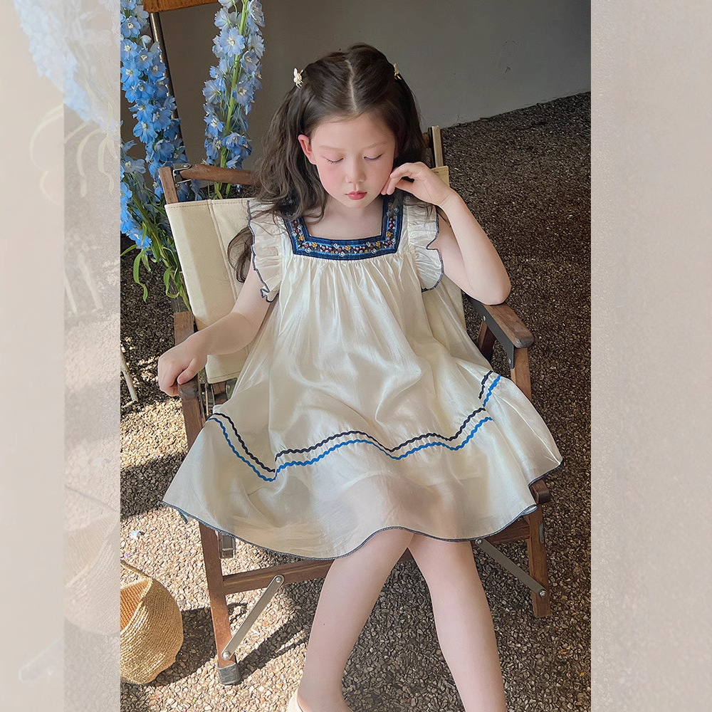 Girls' Dress Summer New Style Retro Ethnic Square Neck Flutter Sleeve Tank Dress for Medium and