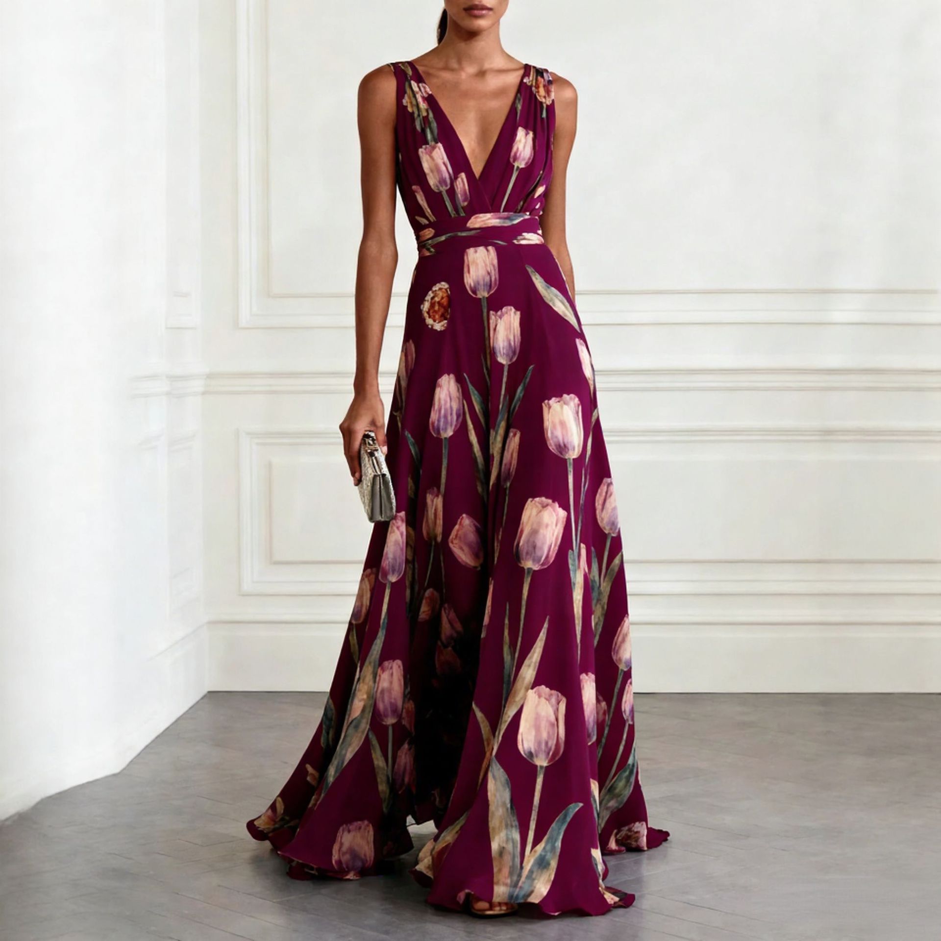 Women's tulip print sleeveless dress in light purple – deep V-neck A-line maxi style