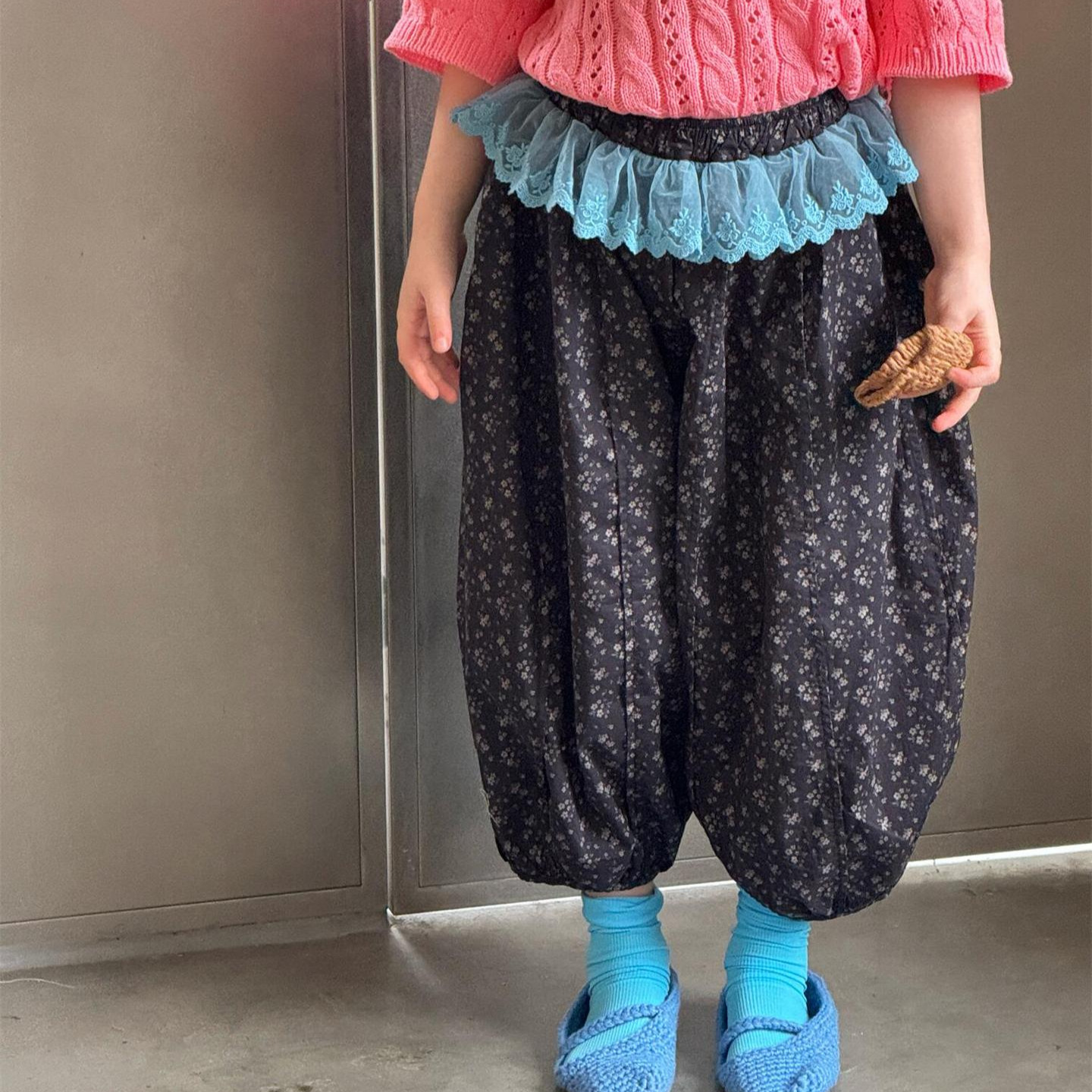 Cute Girls' Cotton Blend Floral Patchwork Casual Pants Long 9/10 Length Pants
