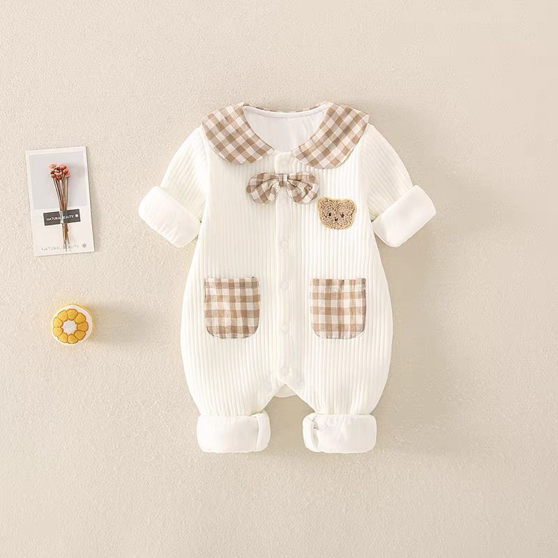 Infant Spring Autumn Winter Double-Layer Onesie Set, Unisex Baby Cartoon Outing Warm Crawling Suit