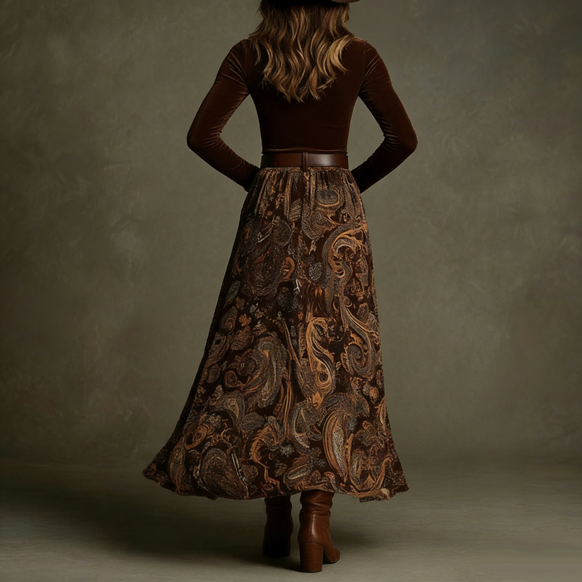 Women's floral print skirt set in caramel – full outfit styled view with belt