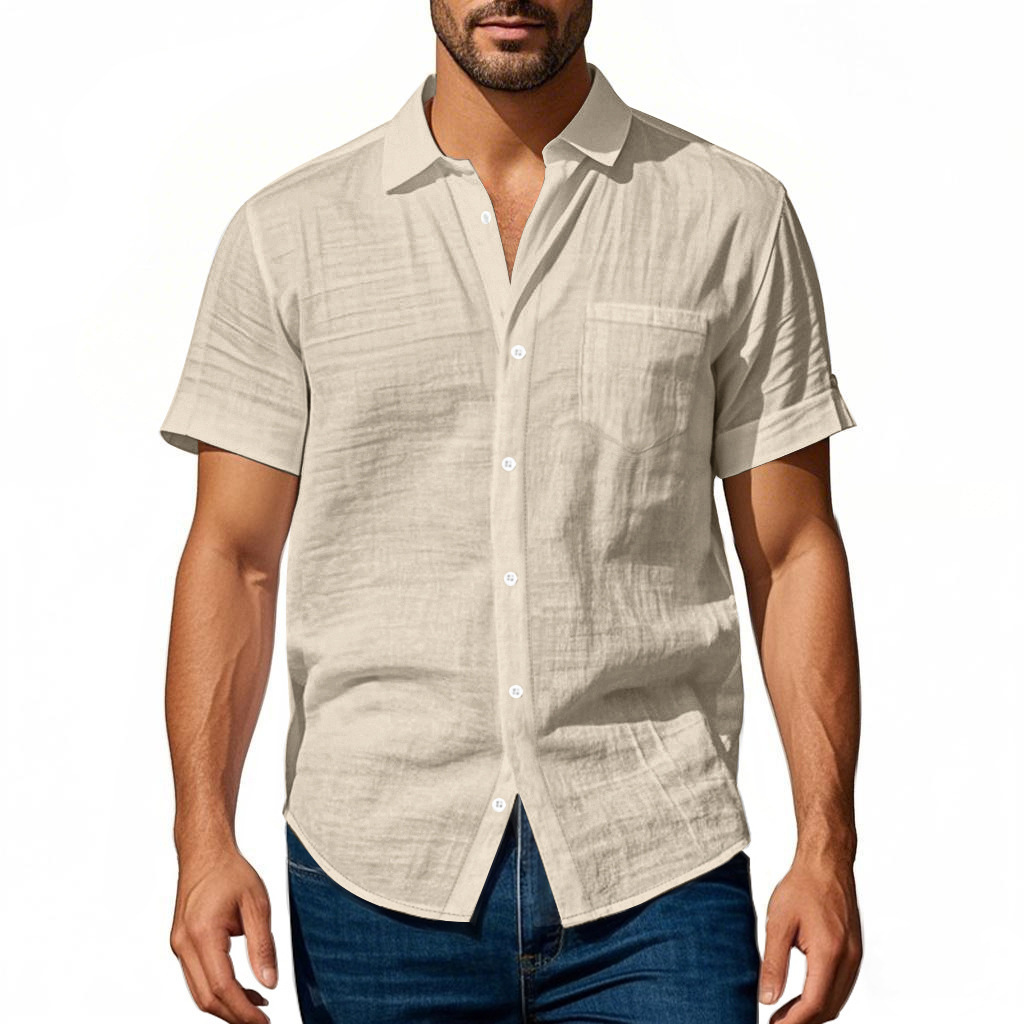 Cotton Linen Short Sleeve Shirt for Men Turn-down Collar Casual PocketDress Shirt, Summer 4300997D010438220B76BD9F8010C0BC