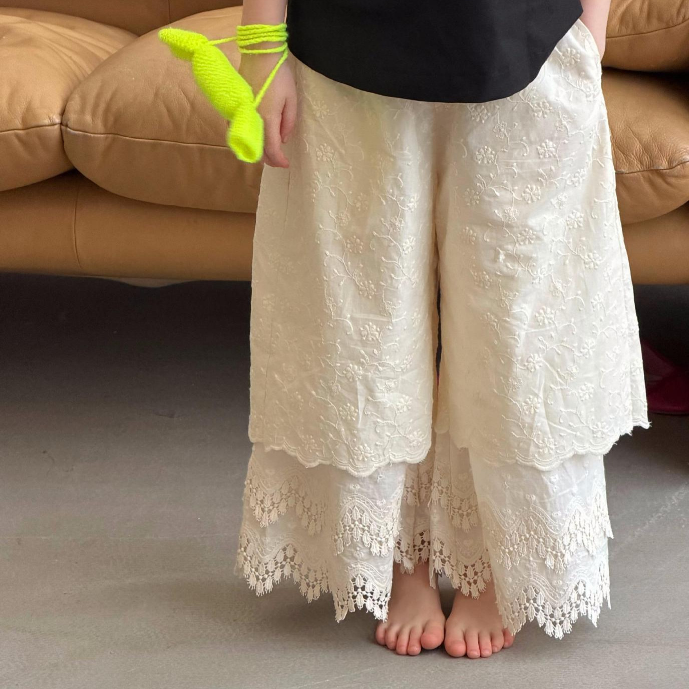 Smart Egg Children's Wear Summer New Girls' Pants Embroidered Lace Trim Casual Versatile Wide Leg