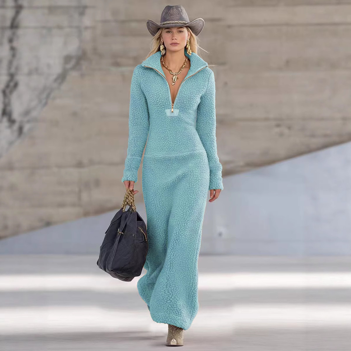 Polo collar long sleeve zipper maxi dress lifestyle front view khaki
