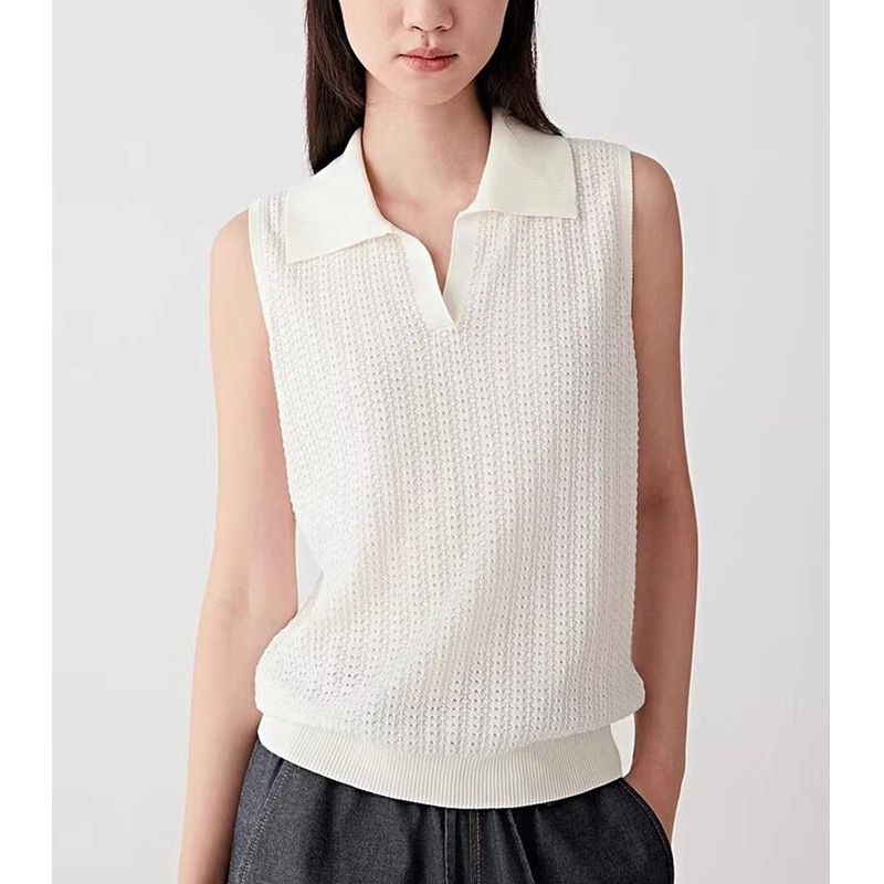 French Hollow-Out Polo Neck Knit Vest for Women, Slim Fit Sleeveless Summer Basic Top Short