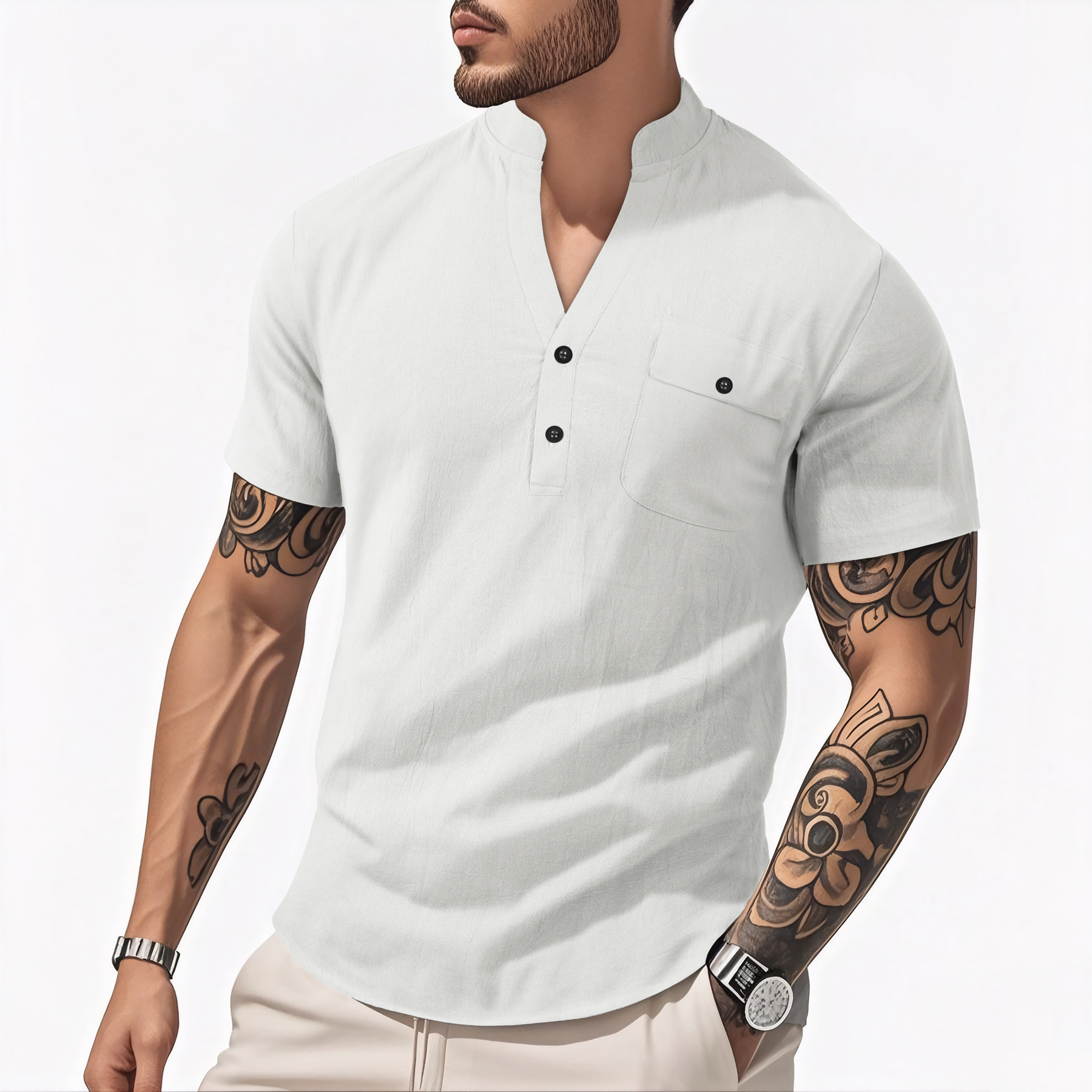 Casual Loose Cotton Linen Short Sleeve Shirt for Men with Stand Collar and Henley Neckline 4EC8EBC88922CE5903875E46E9B6970E