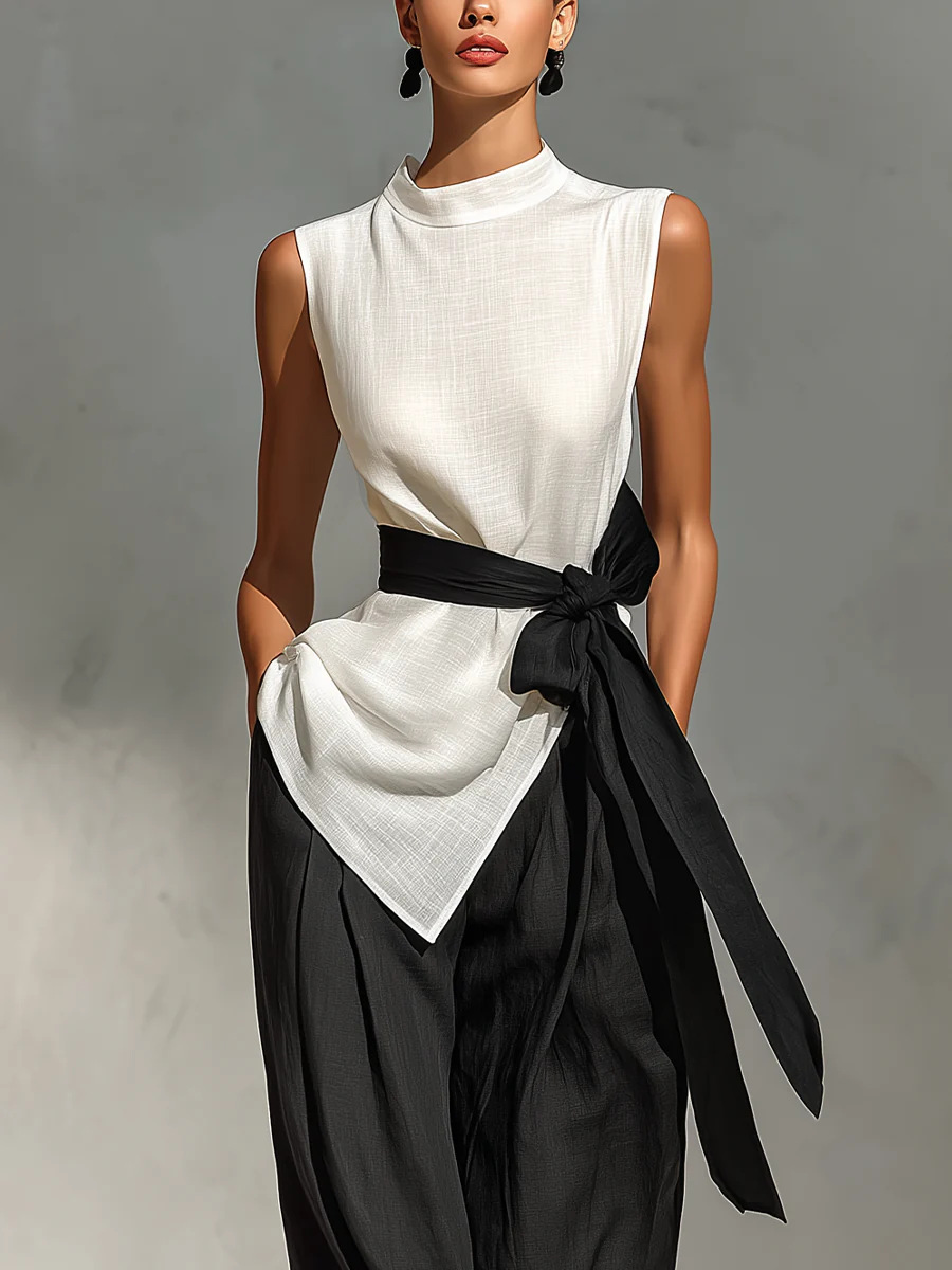 Women's white lace-up sleeveless two-piece set – wide-leg pants casual summer style