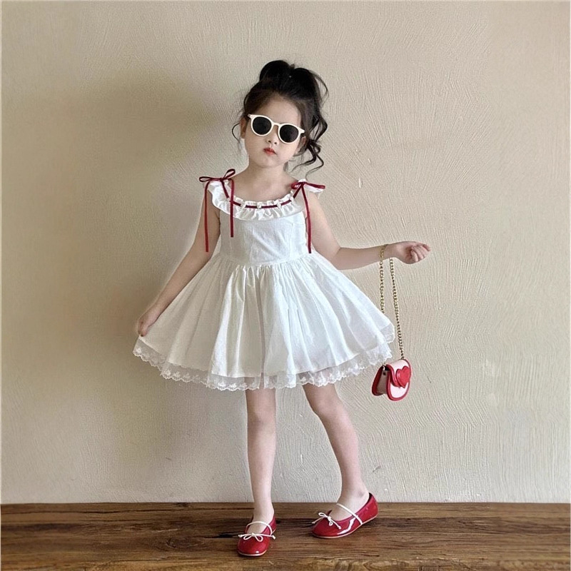 Girls' Dress Summer New French Ruffle Sleeveless Lace Top Princess Dress for Kids, Mid-Size Child