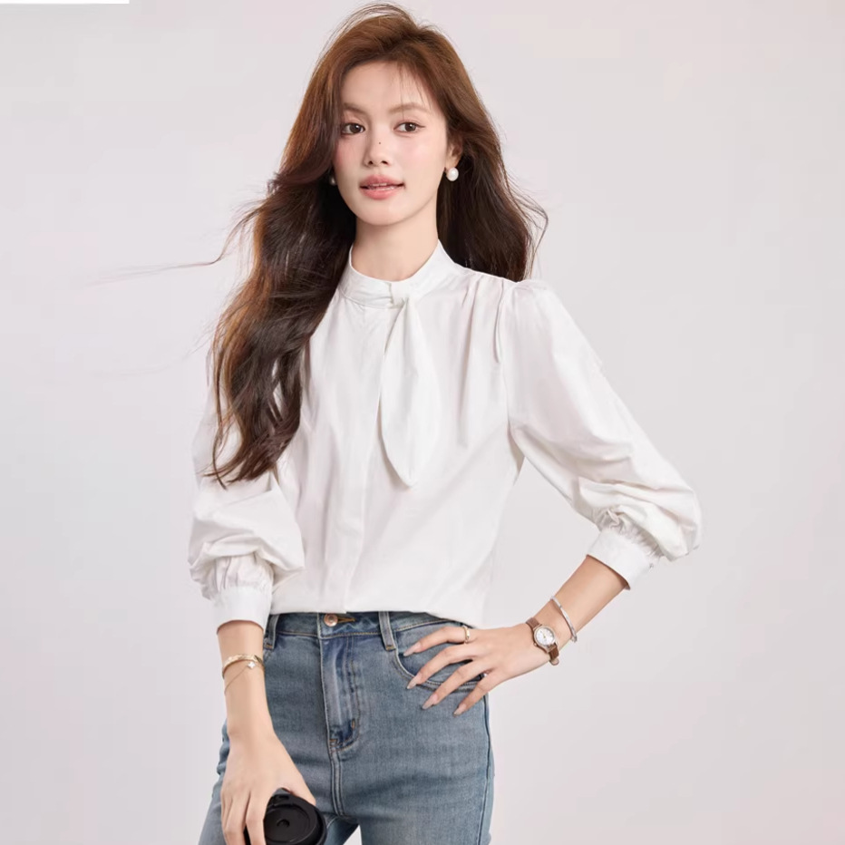 Stand Collar Ribbon White Blouse Women's Spring Design Sense Youthful Elegant Long Sleeve Top