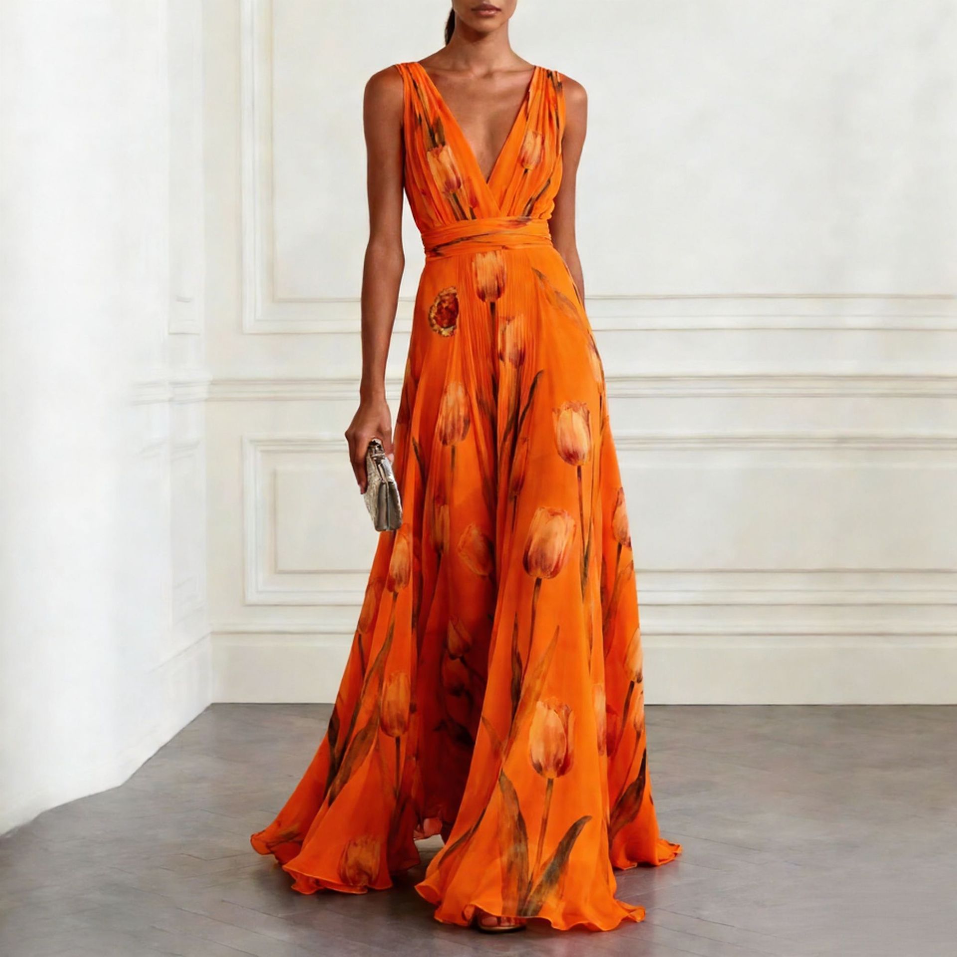 Women's tulip print maxi dress in burgundy – sleeveless V-neck A-line evening style