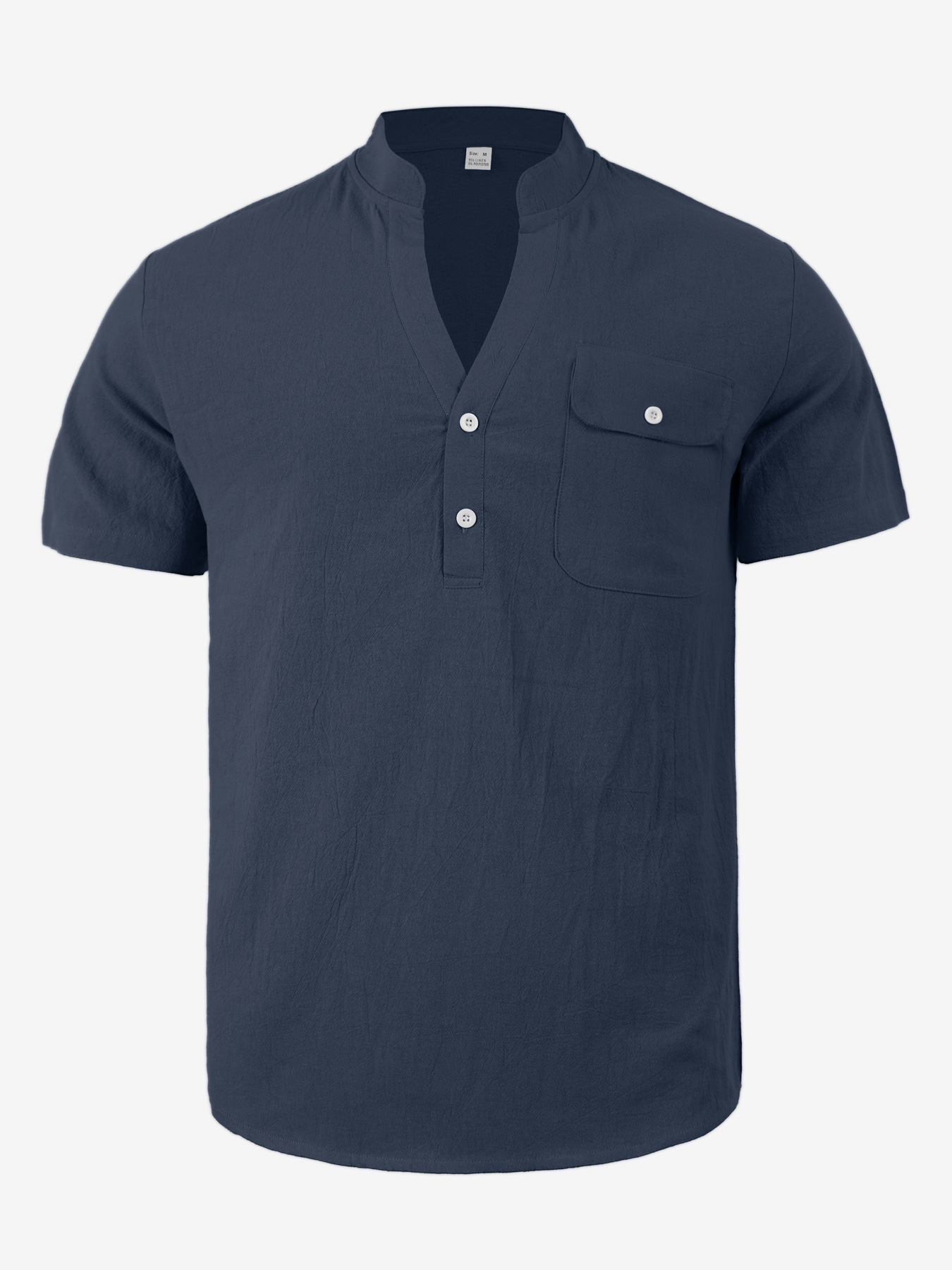 Casual Loose Cotton Linen Short Sleeve Shirt for Men with Stand Collar and Henley Neckline 694B618DFBD64BFBC7ACECA35BDF96C9