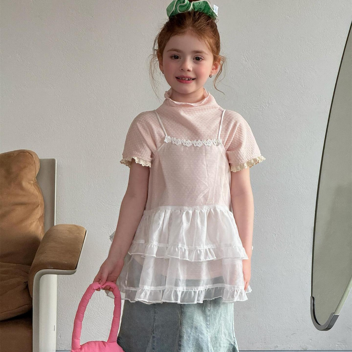 Cute Children's Clothing Summer New Girl Sleeveless Top with Mesh Lace Sweet Princess Cover-Up