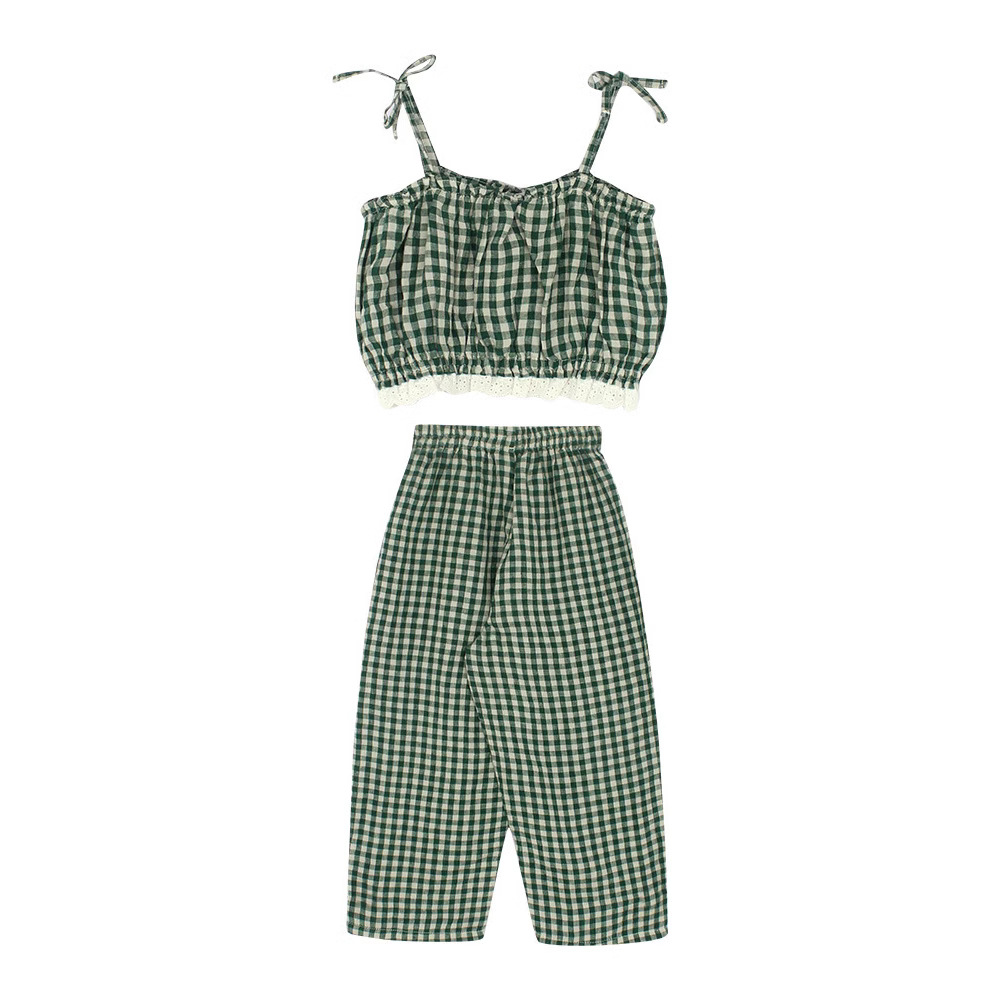 Girls' Casual Plaid Sleeveless Tank Top amp; Long Pants 2-Piece Set for Summer, Loose Fit Kids'