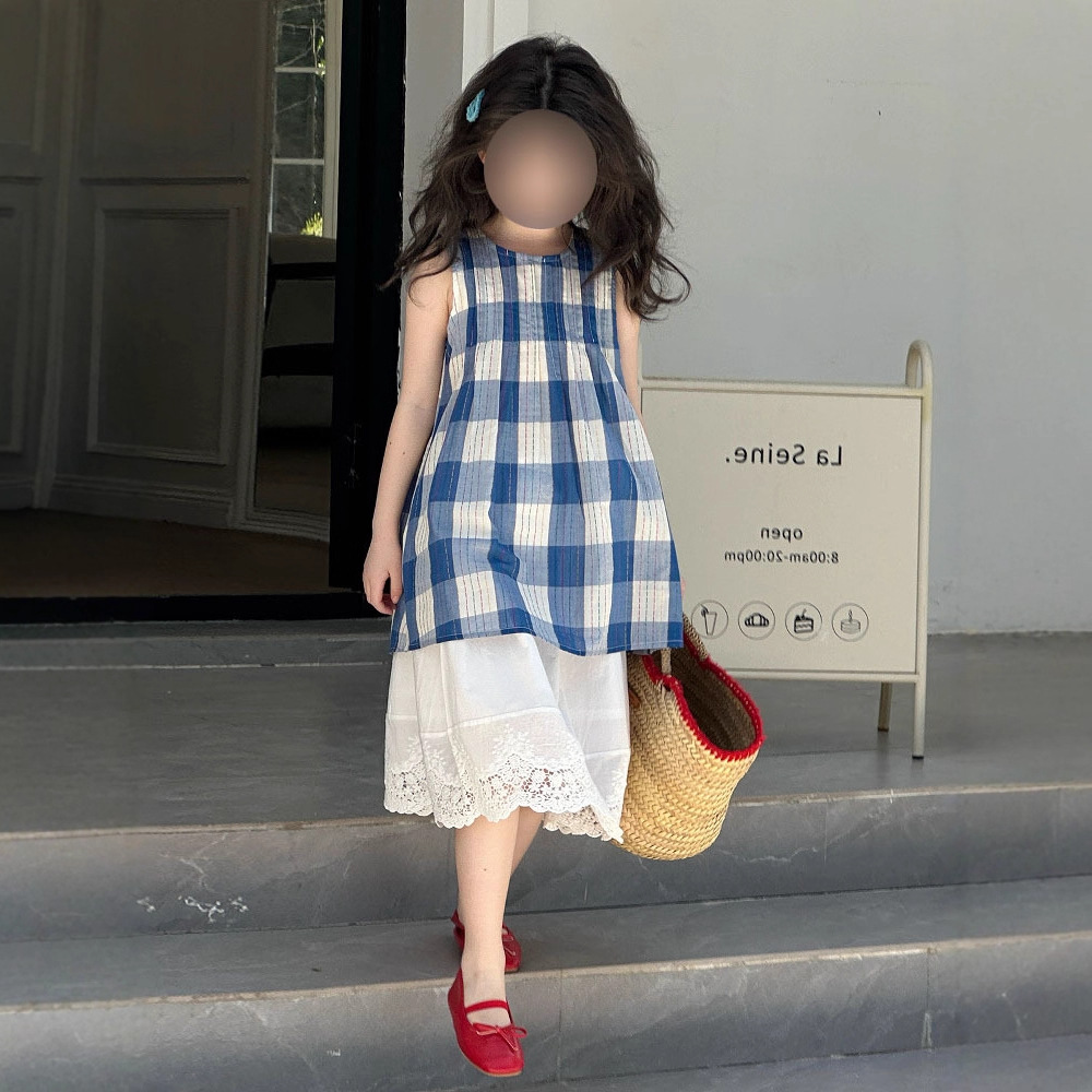 Girls' Fashion Set Summer New Style Charming Plaid Sleeveless Dress + Skirt Two-Piece Set for Kids