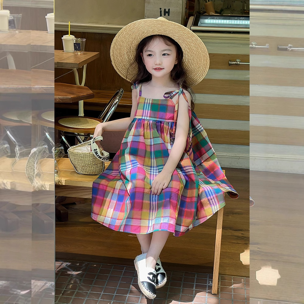 Cute Girls' Dress Summer New Colorful Strap Checkered Princess Dress