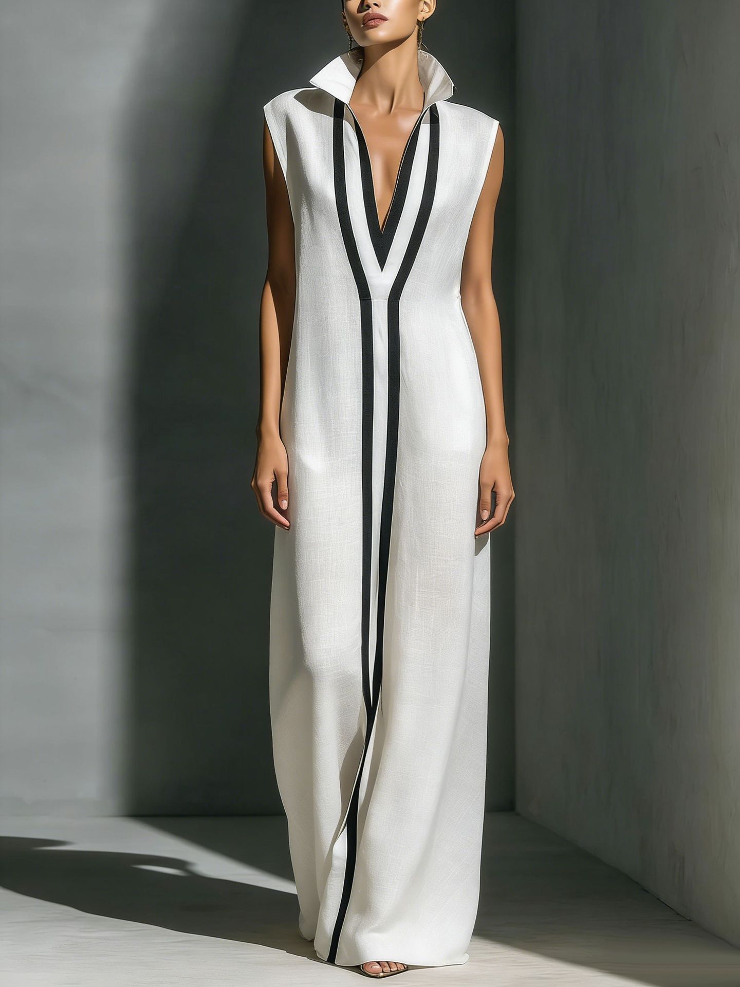 Women's color-block sleeveless A-line maxi dress – V-neck high waist loose fit styled view