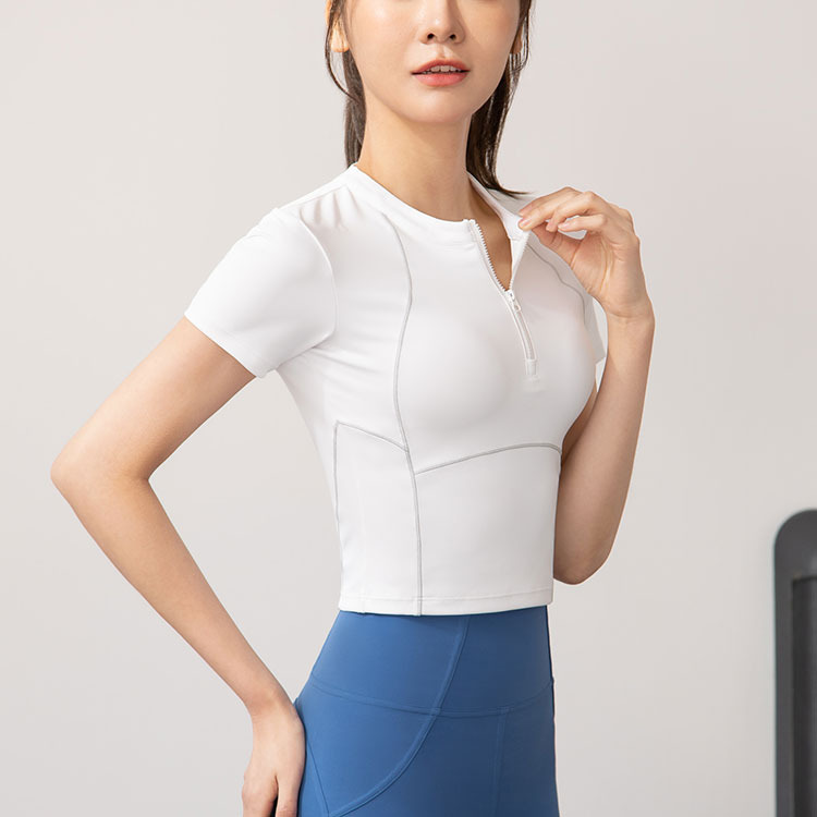 Semi-Zip Fitness Shirt for Women, Running Quick-Dry Sport Short Sleeve T-Shirt, Slim-Fit Lightweight
