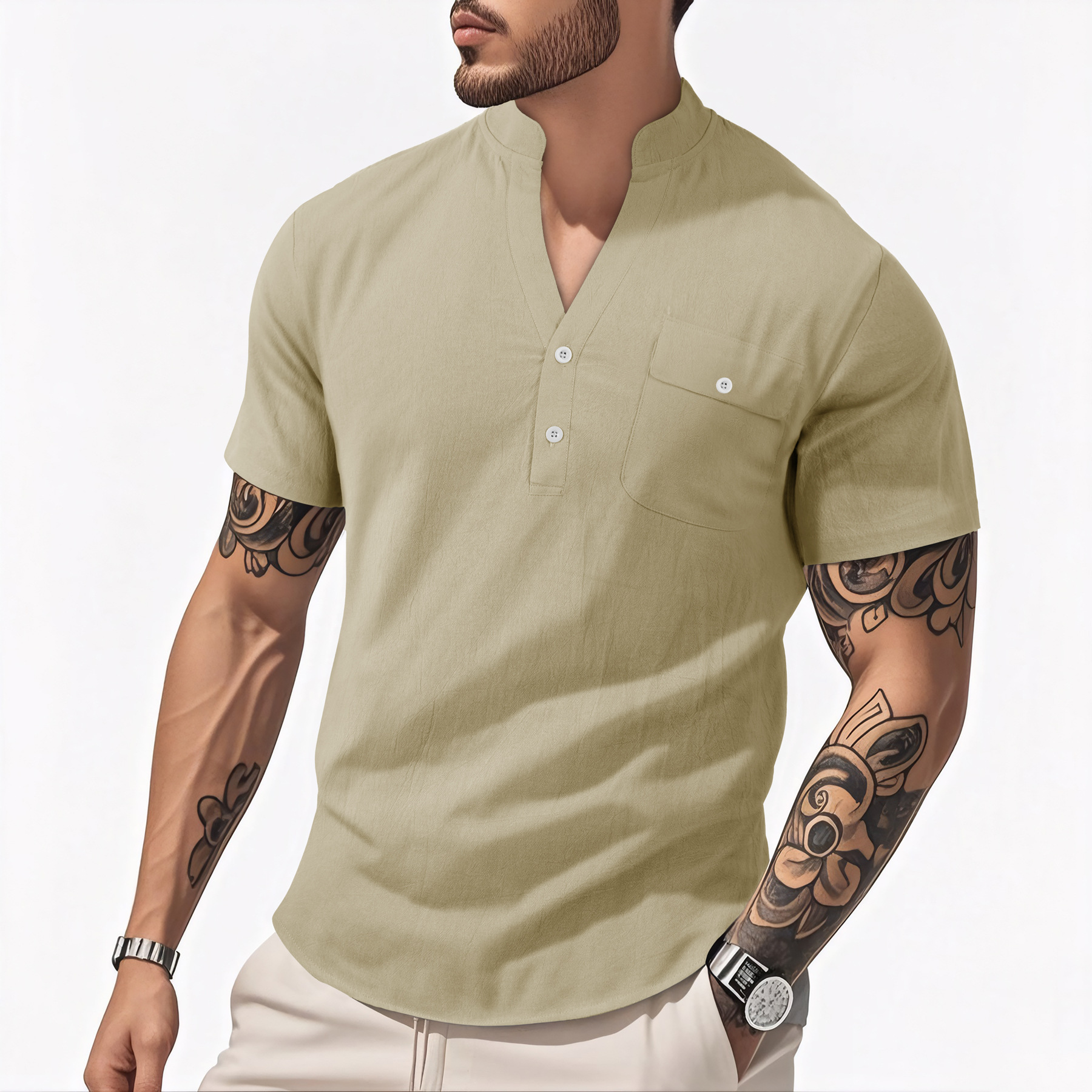 Casual Loose Cotton Linen Short Sleeve Shirt for Men with Stand Collar and Henley Neckline 79E7EDB77F4923596275360C22005361