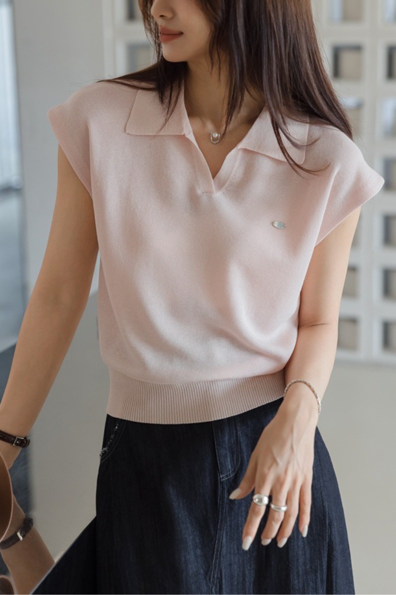 White Linen Tencel Flip Collar Knit Short Sleeve Women's Commuter Stylish Short Polo Shirt Top 7B6F0E7952101005CB738AEA5ADC36E6