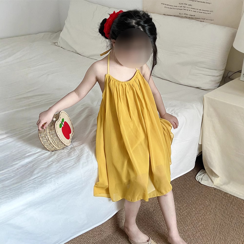 Girls' Summer Vacation Style Backless Strap Beach Princess Dress, Kids Size