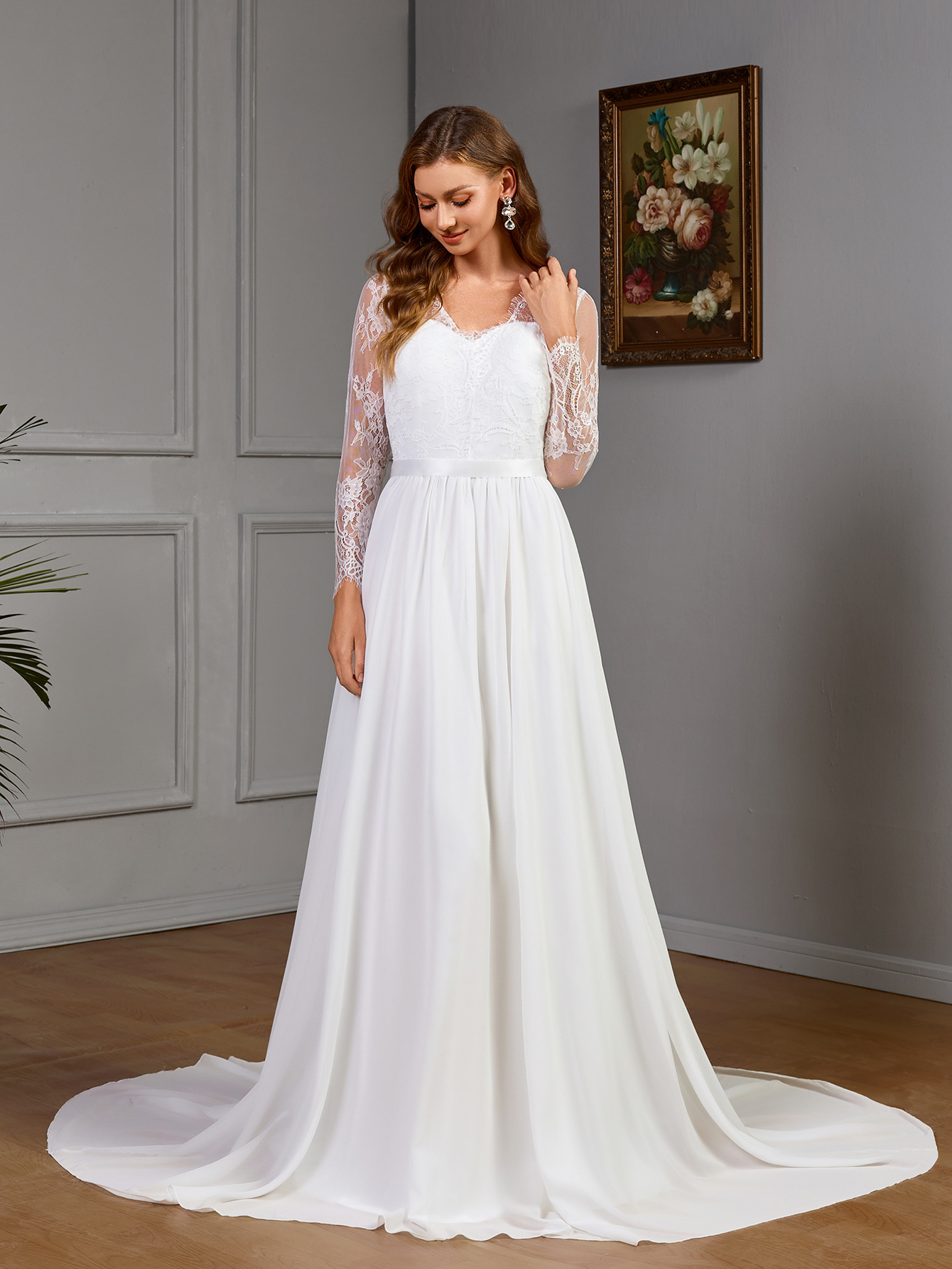 Plus size lace long sleeve wedding bridal dress in white — built-in bra and puff skirt for curvy women sizes S to XL