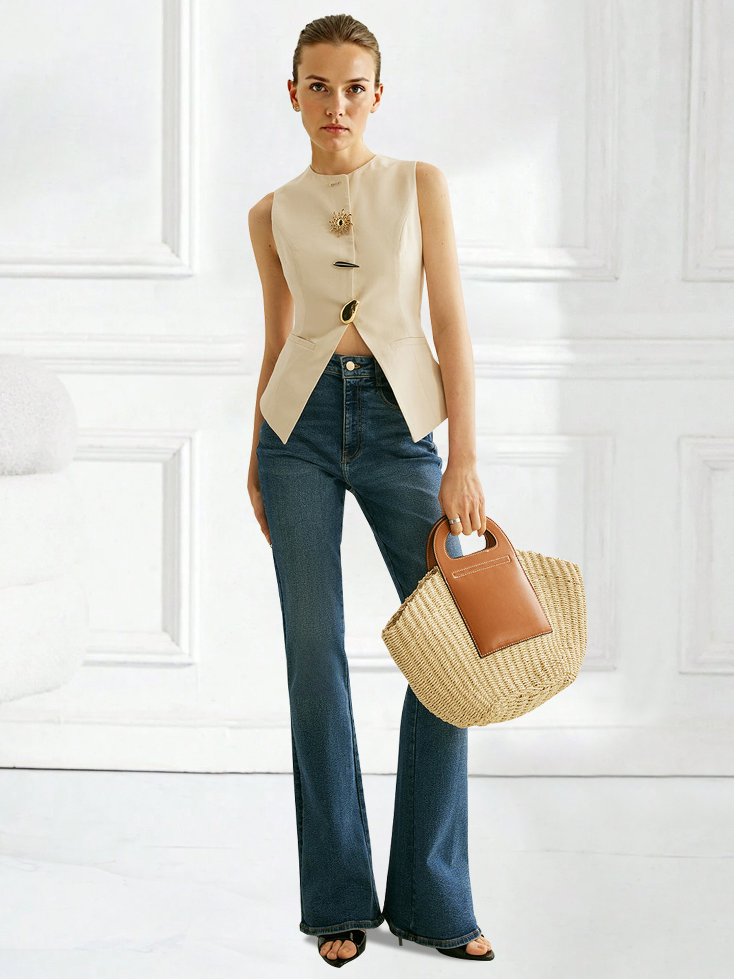 Solid sleeveless vest top with gold sun brooch button – styled outfit apricot
