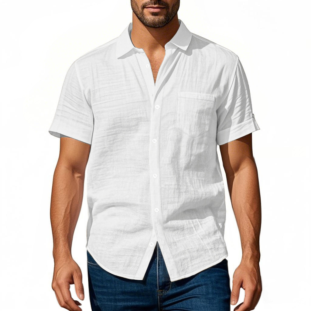 Cotton Linen Short Sleeve Shirt for Men Turn-down Collar Casual PocketDress Shirt, Summer 8A1FEC416786A014EE7E46DDC30ABB7C