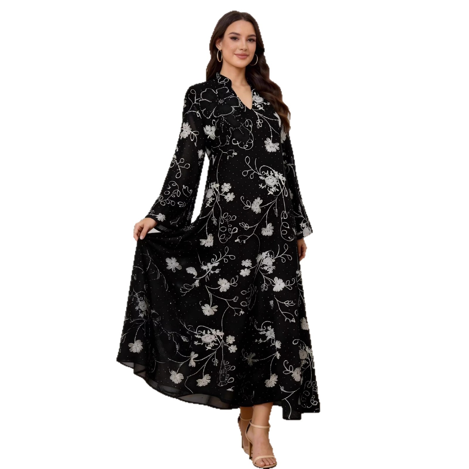 V-neck embroidered long sleeved dress