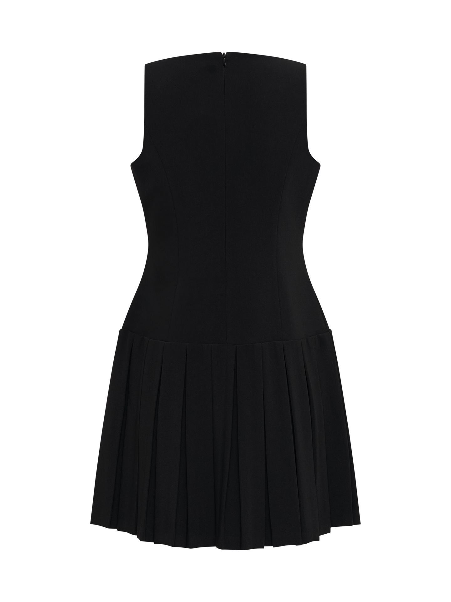 Black ruched mini dress back view – V-neck sleeveless high waist fitted silhouette
