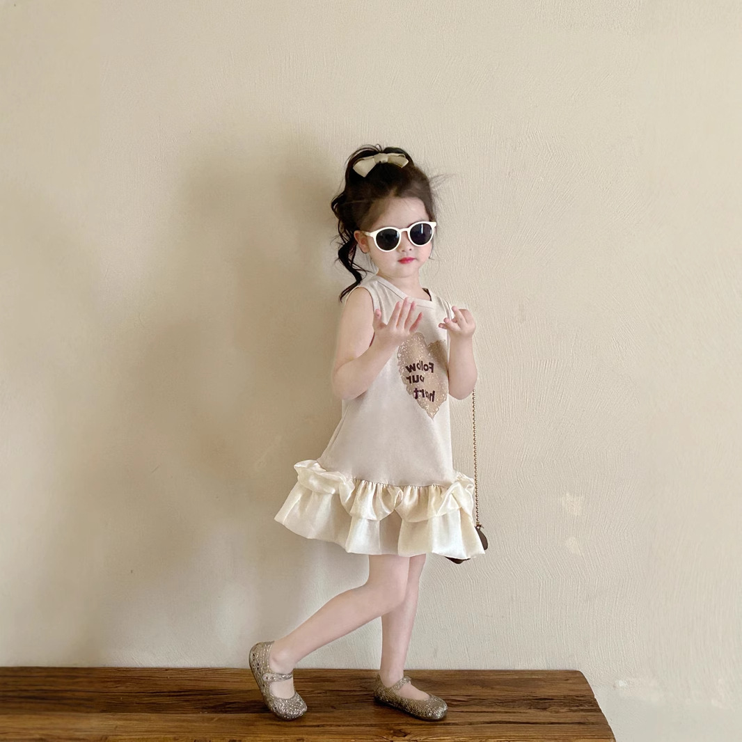 Girls' Dress Summer New Printed Sleeveless Dress with Mesh Overlay Princess for Kids