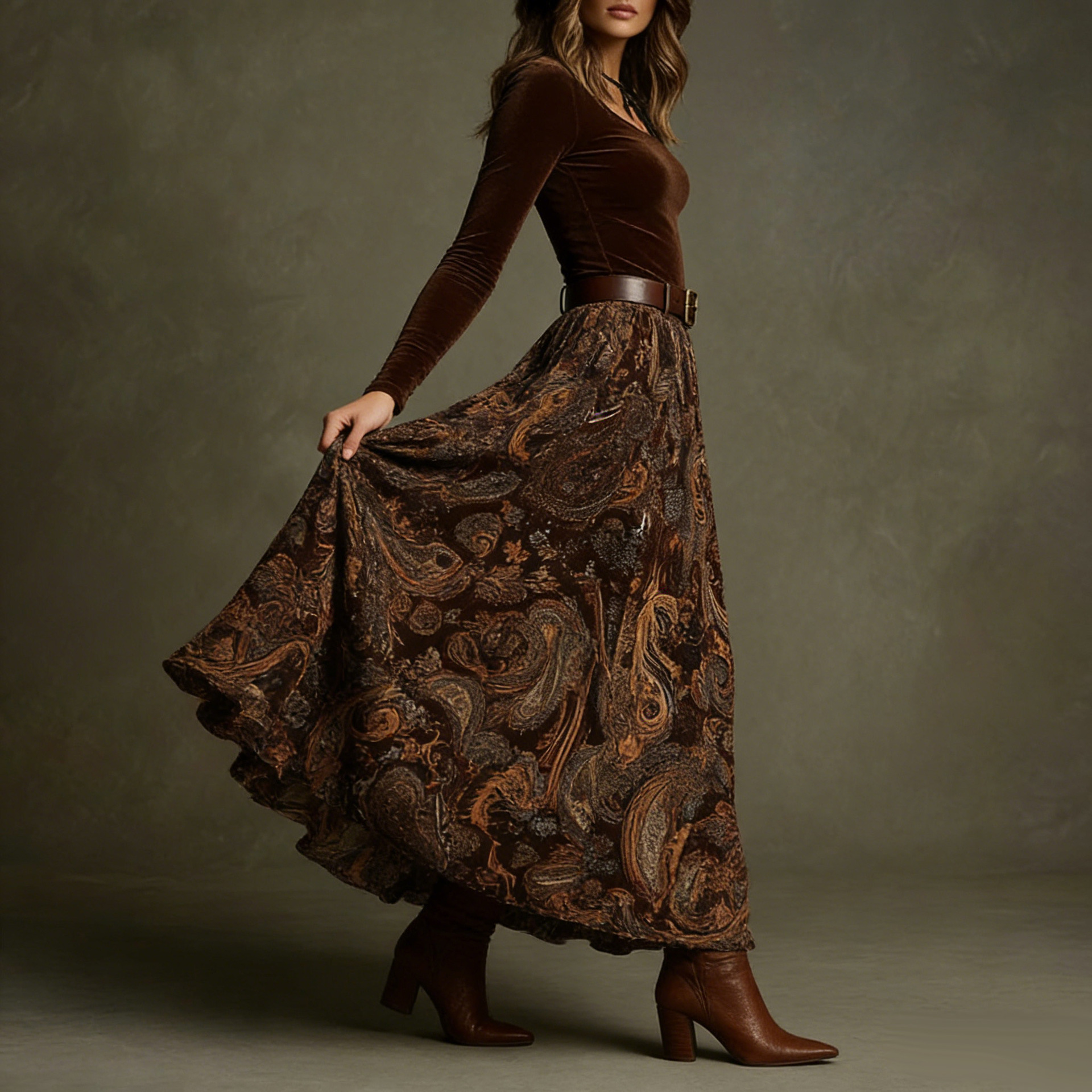 Women's long sleeve floral skirt set in caramel – maxi skirt belted two-piece casual